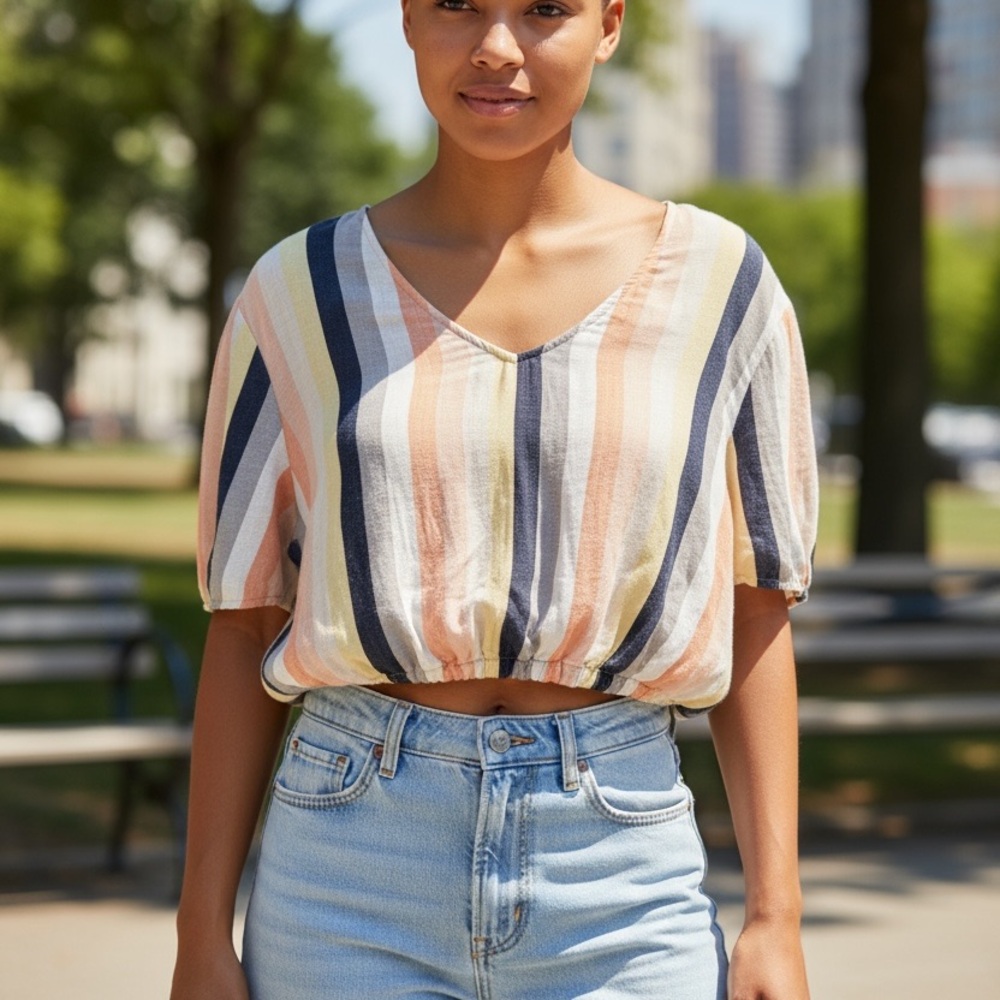 Saltwater LUXE Striped Cropped Blouse M Boho Pastel Summer Beachy Casual V Neck
